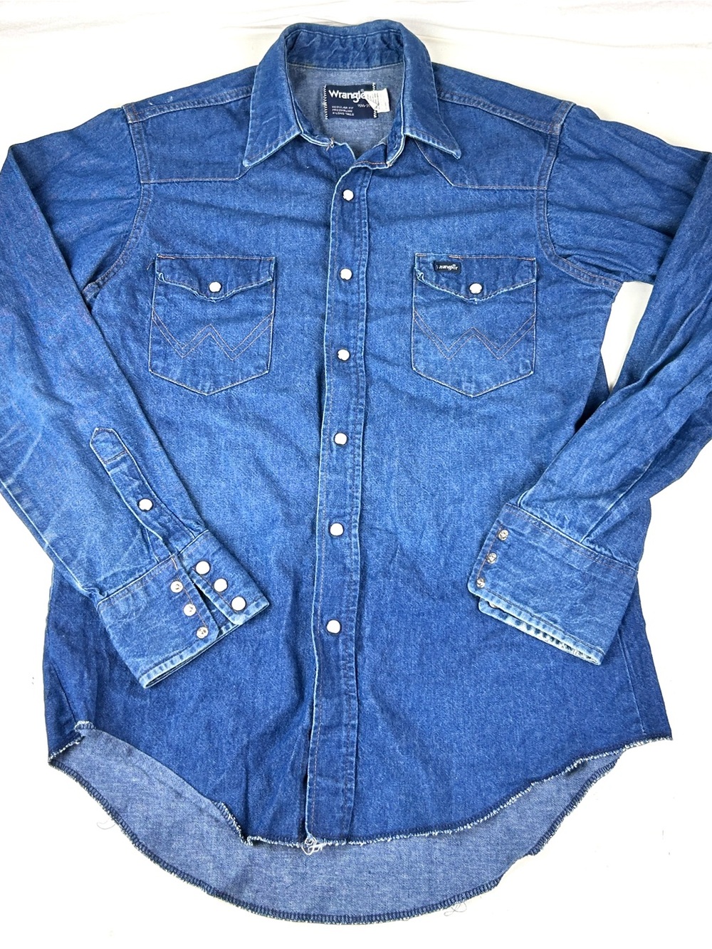 Wrangler Shirt Mens 15.5 X 35 Blue Denim Western Pearl Snap Vintage Made USA